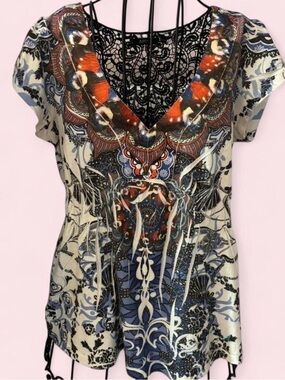 Women’s V-Neck Paisley Boho Short Sleeve Top Size Small